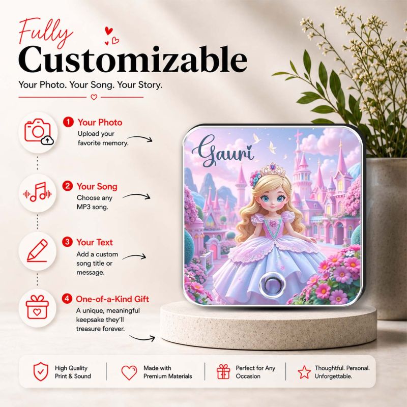 Personalized Princess Theme Gift for Girls Personalized Musical Fridge Magnet Custom with Name Gift for Daughter, Granddaughter, Kids Birthday Rechargeable Battery with Playable Song